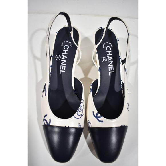 Chanel 23P Mademoiselle Coco Sling White Blue CC Logo Slingback Sandal Heel 37 - Picture 6 of 10